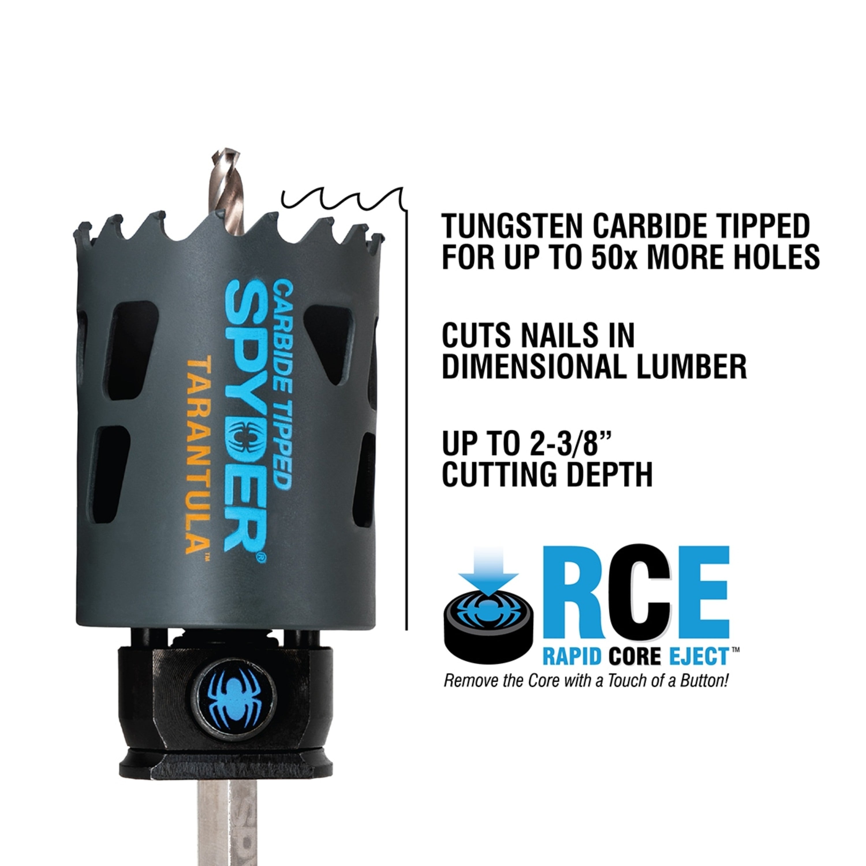 9-Piece Carbide Tipped Metal/Wood Cutting RCE Hole Saw Kit (1, 1-1/8, 1-3/8, 1-1/2, 2") Rapid Core Eject® Tarantula™