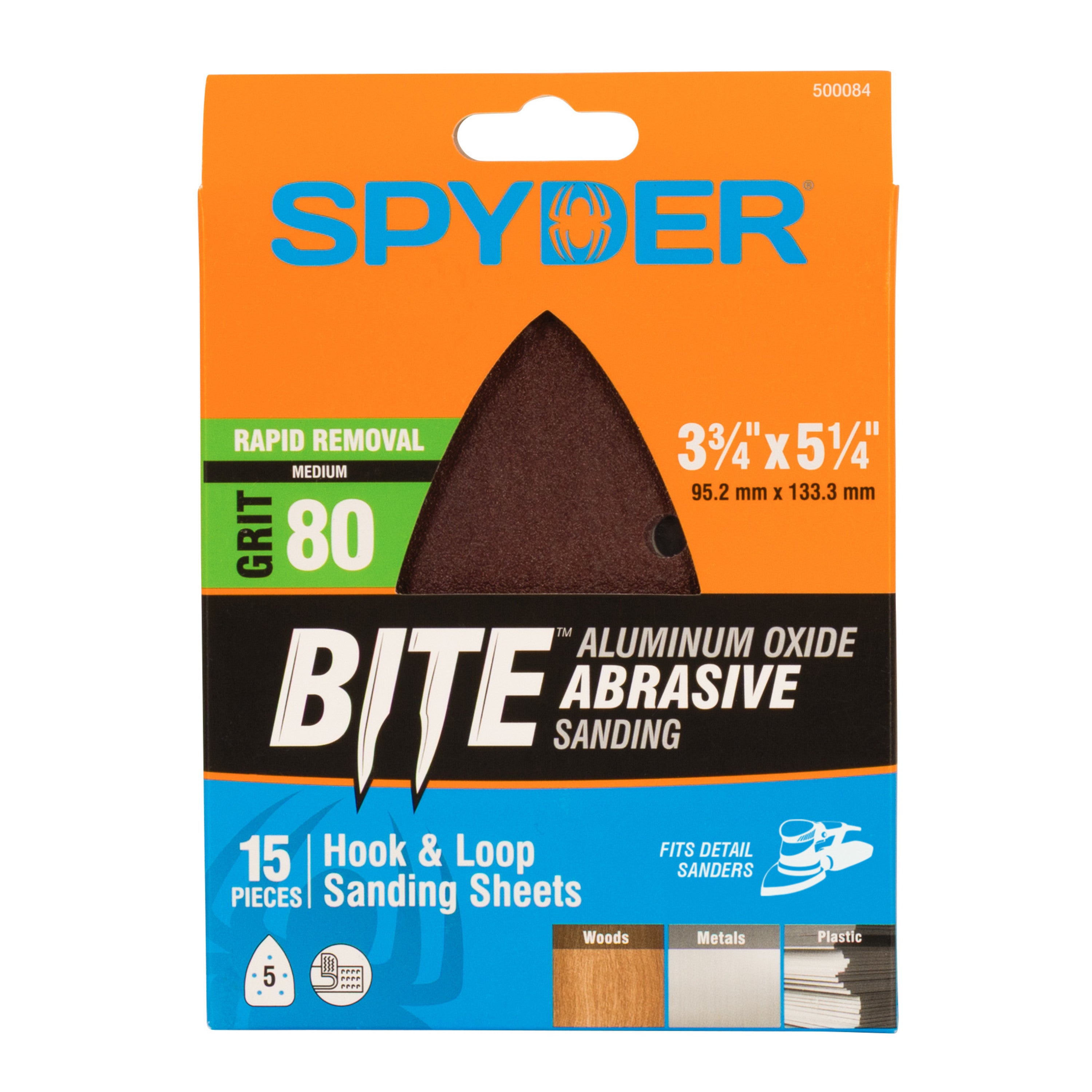 3-3/4" x 5-1/4" x 5-Hole 80 Grit Aluminum Oxide Hook & Loop Detail Sanding Sheets (15-Pack)