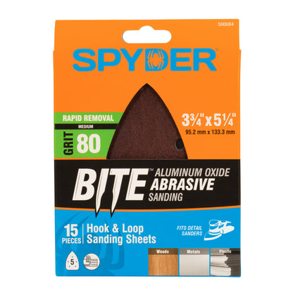 3-3/4" x 5-1/4" x 5-Hole 80 Grit Aluminum Oxide Hook & Loop Detail Sanding Sheets (15-Pack)