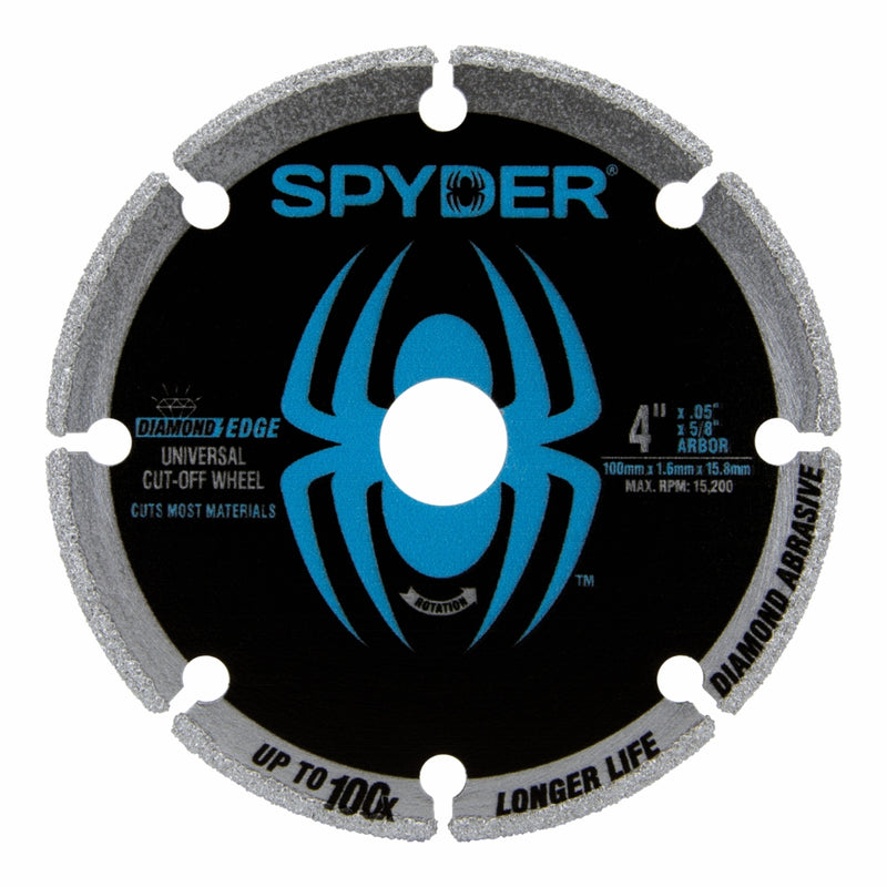 A 4-inch Spyder diamond cut-off wheel with a spider graphic and branding, designed for cutting various materials including steel and concrete.