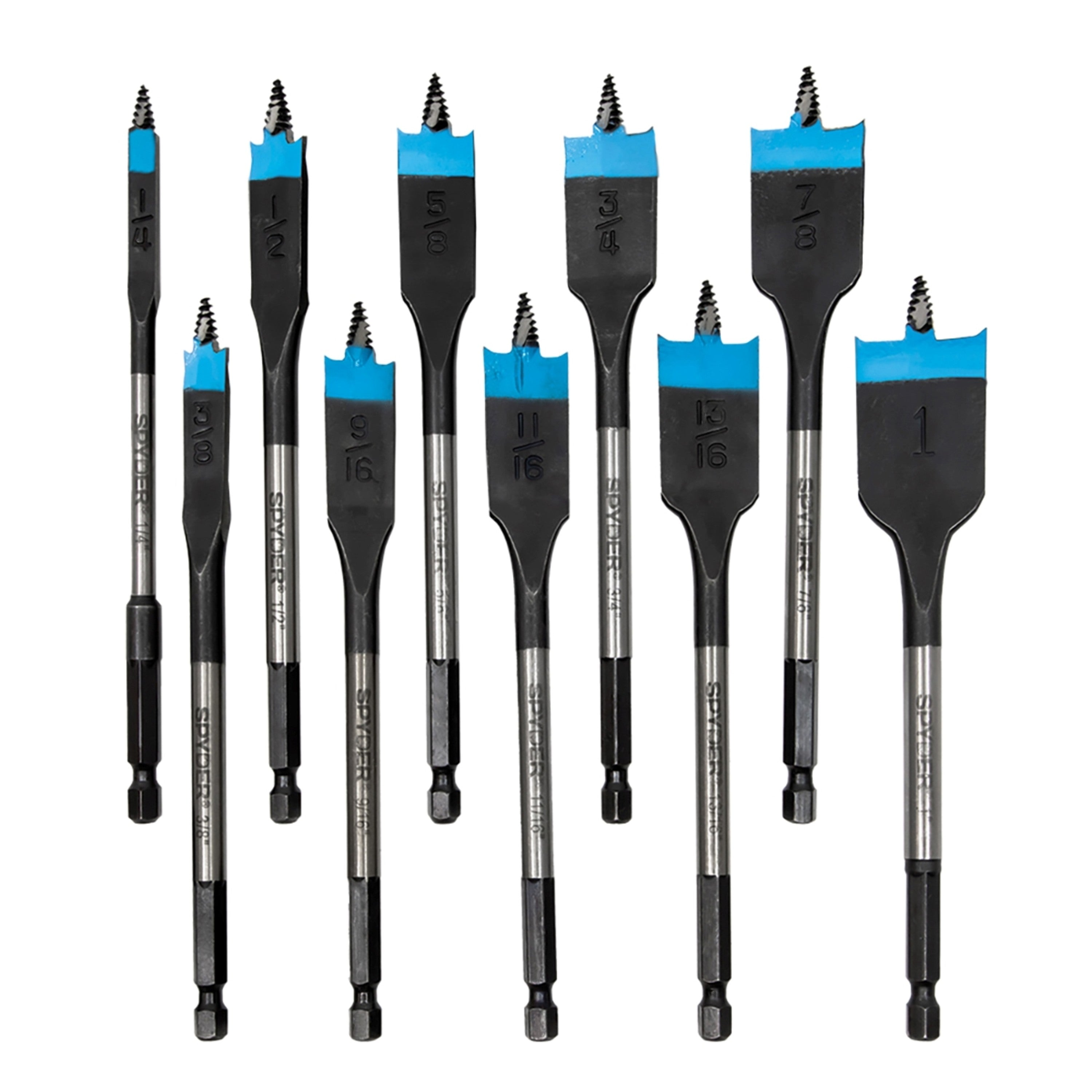 10-Piece Assorted Woodboring Spade Bit Set (1/4, 3/8, 1/2, 9/16, 5/8, 11/16, 3/4, 13/16, 7/8, 1") Stinger™