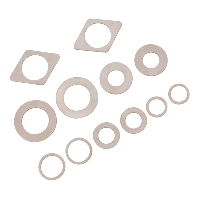 Set of Spyder metal circular saw blade arbor bushings on a white background
