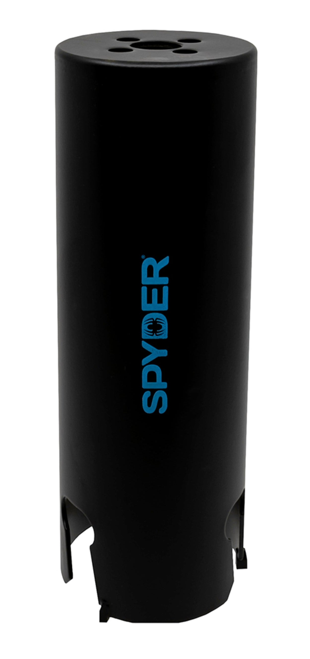 A black deep tungsten carbide tipped hole saw with the brand name 'SPYDER' written in blue.