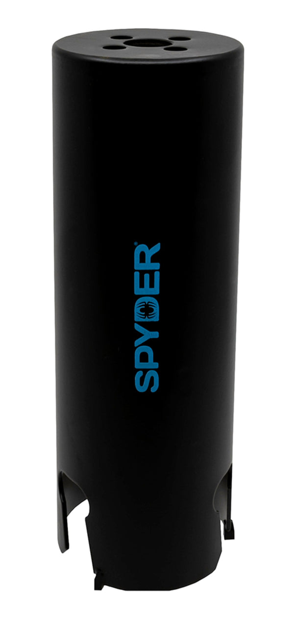 A black deep tungsten carbide tipped hole saw with the brand name 'SPYDER' written in blue.
