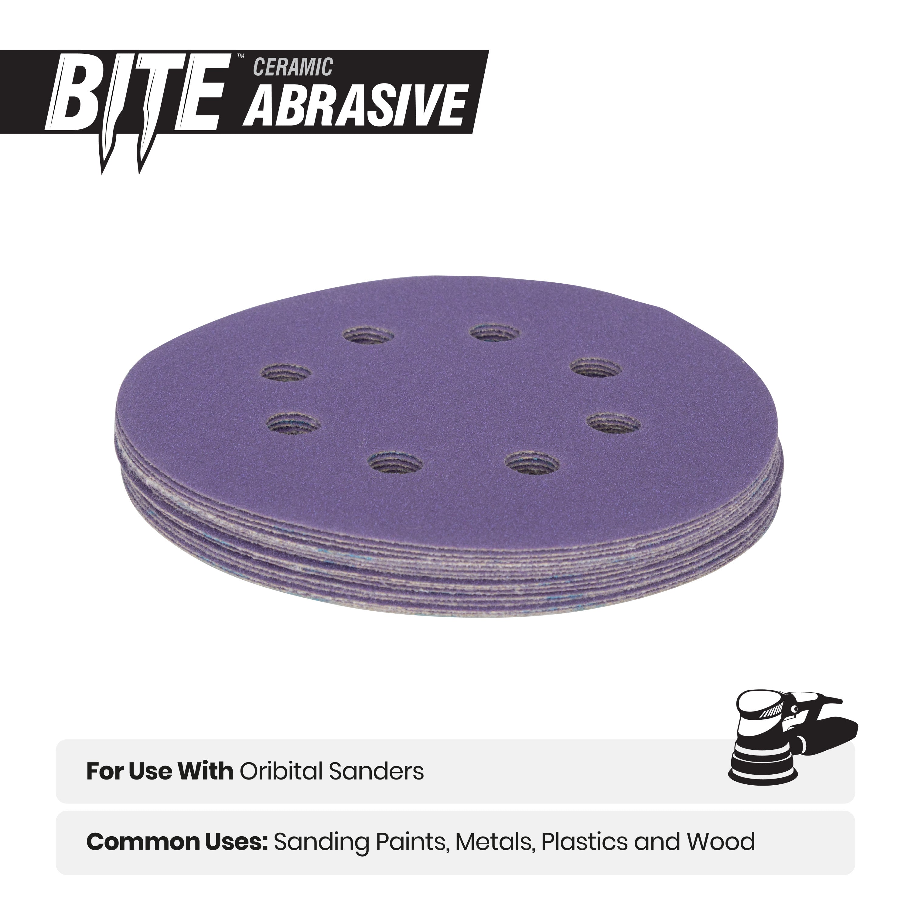 5" x 8-Hole 320 Grit Ceramic with Stearate Sanding Discs (15-Pack) Bite