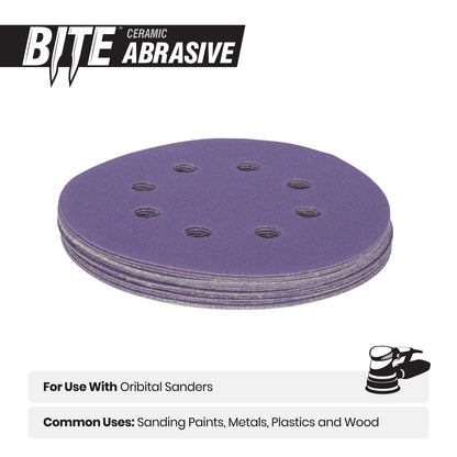 5" x 8-Hole 320 Grit Ceramic with Stearate Sanding Discs (15-Pack) Bite