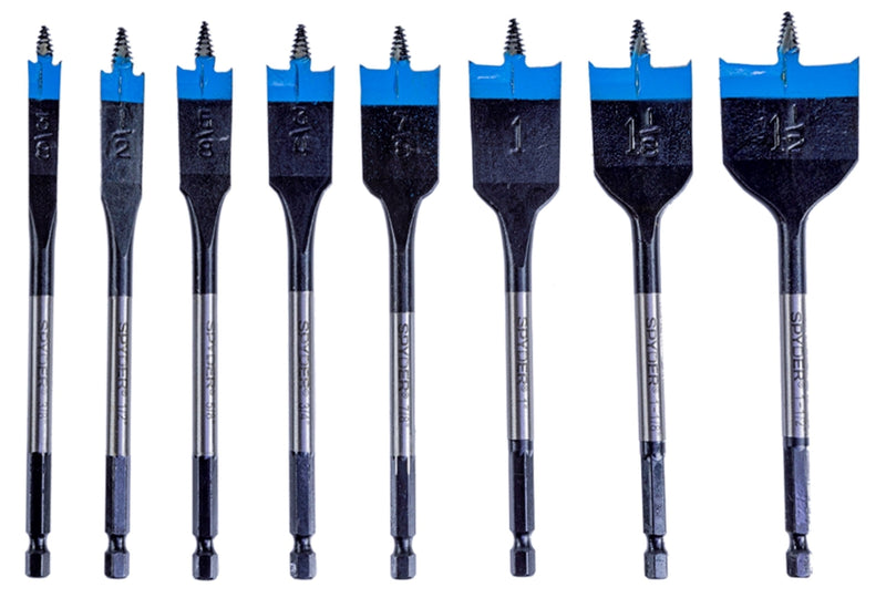 A set of eight blue and black spade bits of varying sizes, arranged in parallel against a white background.