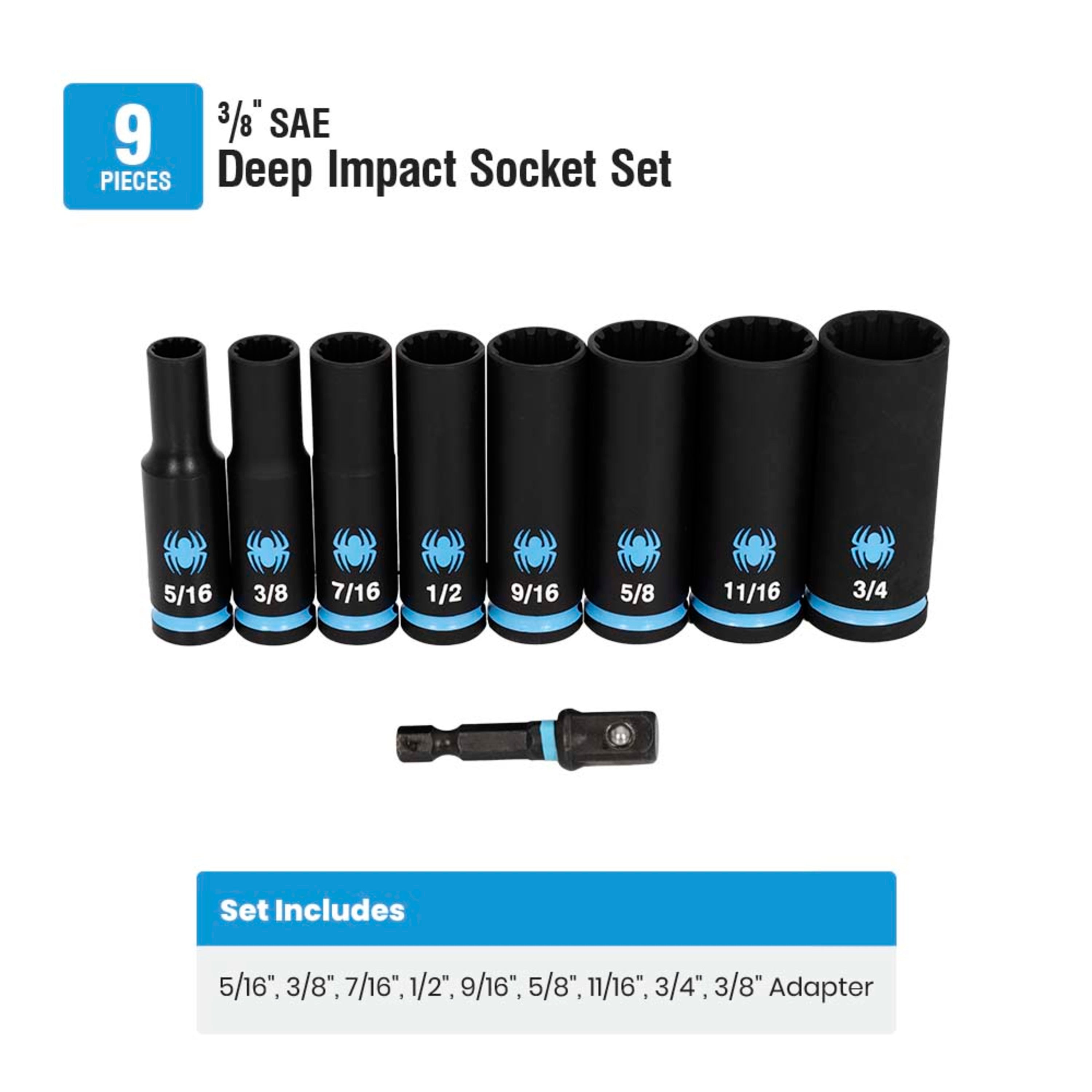 9-Piece 3/8" Drive Deep Thin-Walled SAE Impact Socket Set with Adapter