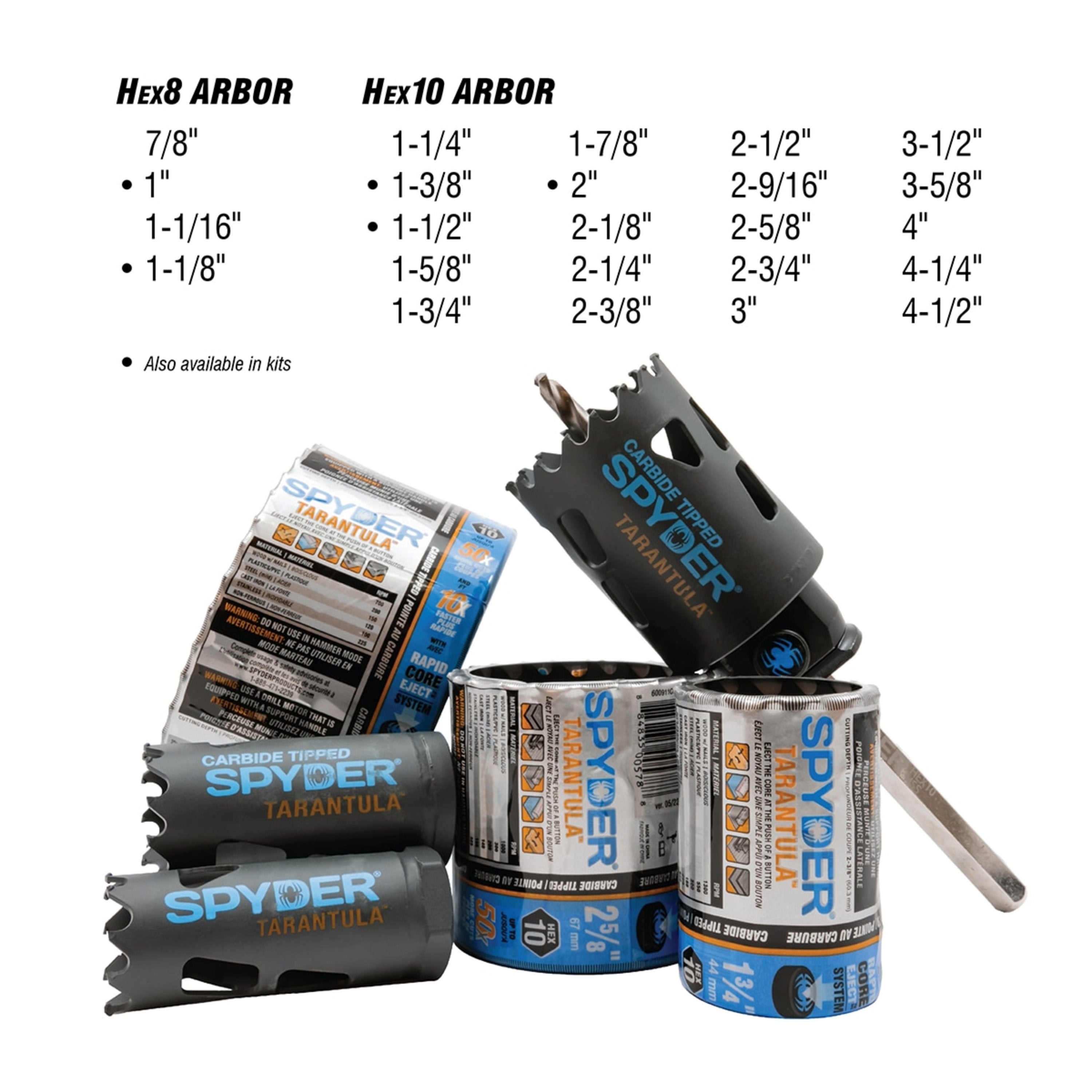 9-Piece Carbide Tipped Metal/Wood Cutting RCE Hole Saw Kit (1, 1-1/8, 1-3/8, 1-1/2, 2") Rapid Core Eject® Tarantula™