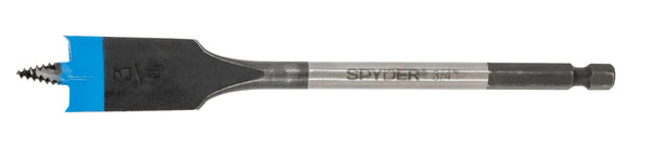 A spade bit with a black body and a blue precision tip, designed for fast and accurate drilling without clogging.