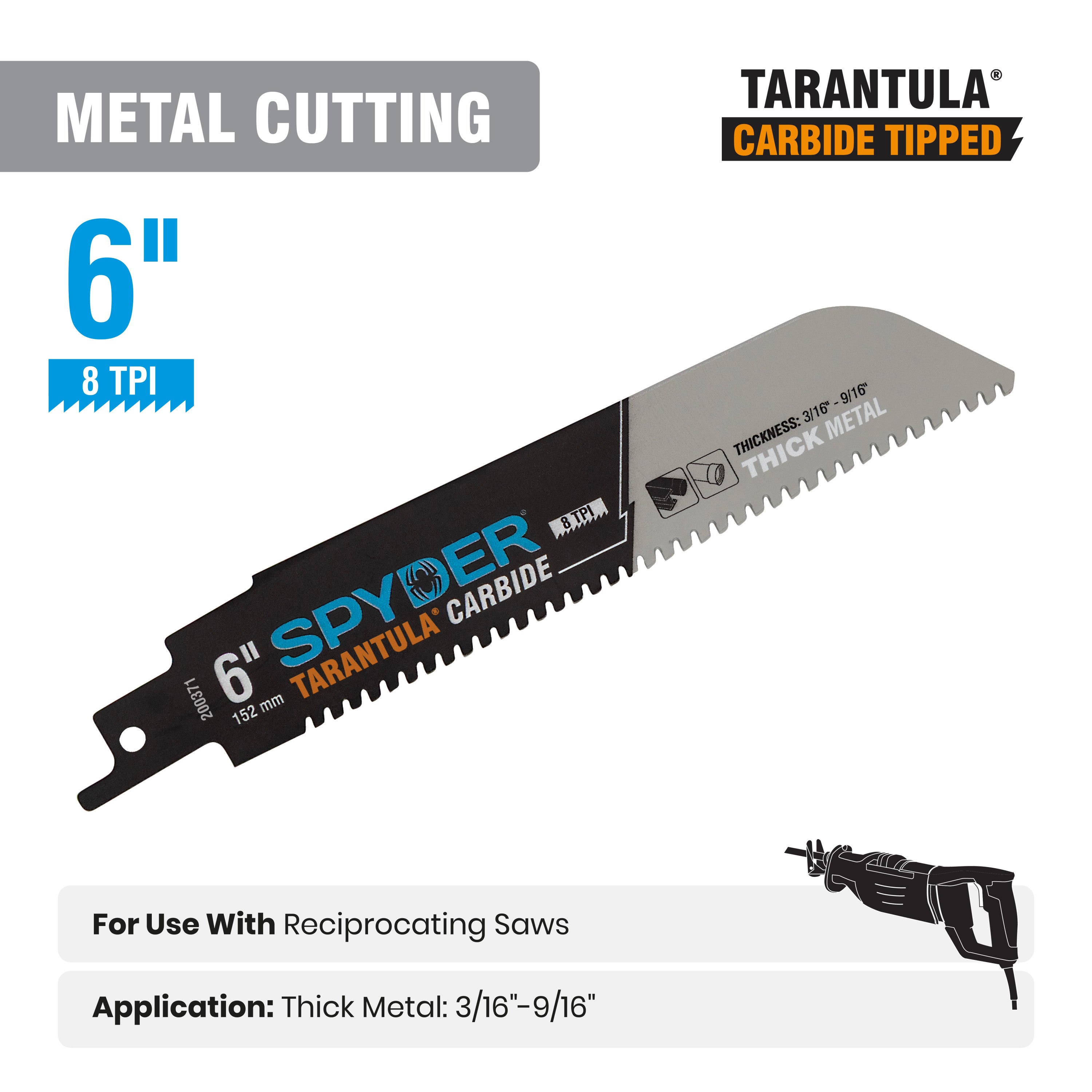 6" 8 TPI Metal Cutting Carbide Toothed Reciprocating Saw Blade Tarantula®