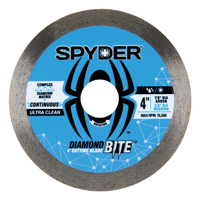 A 4-inch Spyder Diamond Bite continuous diamond saw blade with blue and black color scheme, designed for cutting porcelain tile, ceramic tile, masonry, block, and brick.