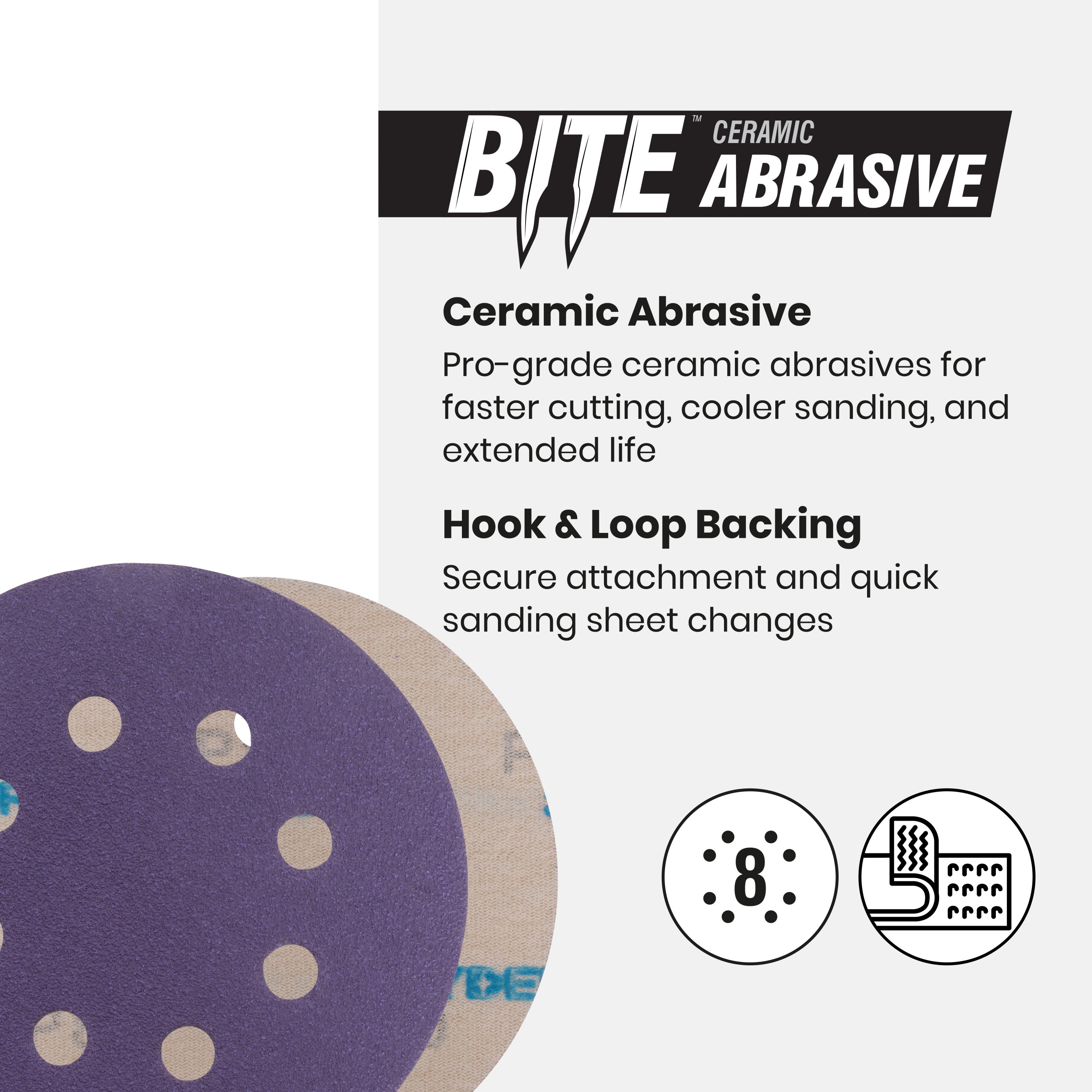 5" x 8-Hole 320 Grit Ceramic with Stearate Sanding Discs (15-Pack) Bite