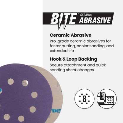5" x 8-Hole 320 Grit Ceramic with Stearate Sanding Discs (15-Pack) Bite