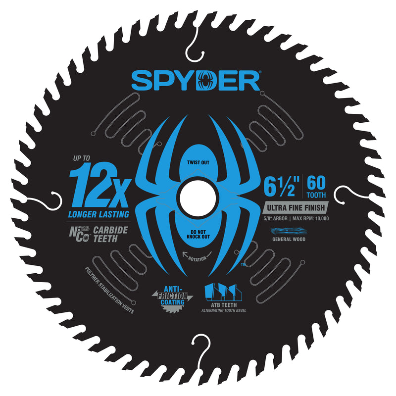 Spyder ultra fine finish circular saw blade with blue spider logo on a white background