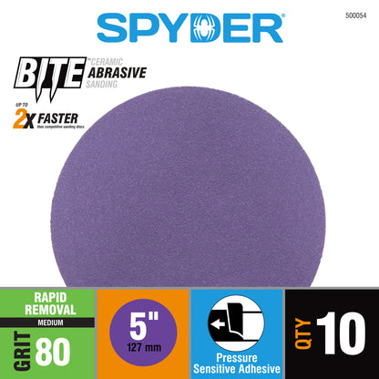 5" x No Hole 80 Grit Ceramic Pressure Sensitive Adhesive with Stearate Sanding Discs (10-Pack) Bite