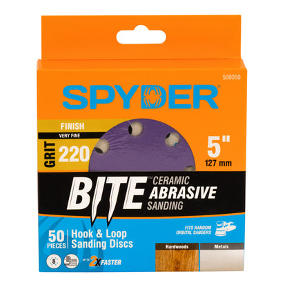 5" x 8-Hole 220 Grit Ceramic with Stearate Sanding Discs (50-Pack) Bite
