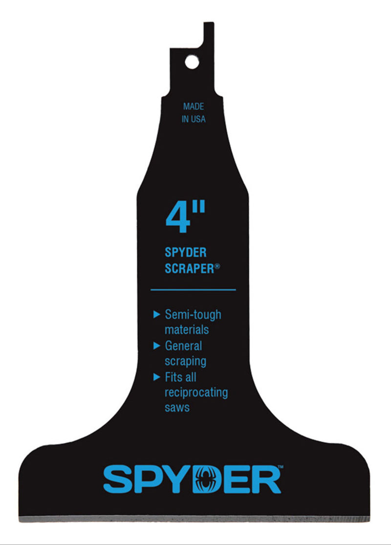 A black 4-inch Spyder Scraper blade attachment for reciprocating saws, with text indicating its size, material properties, and usage details.
