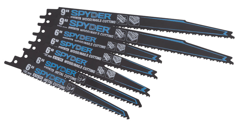 Set of Spyder reciprocating saw blades on a white background