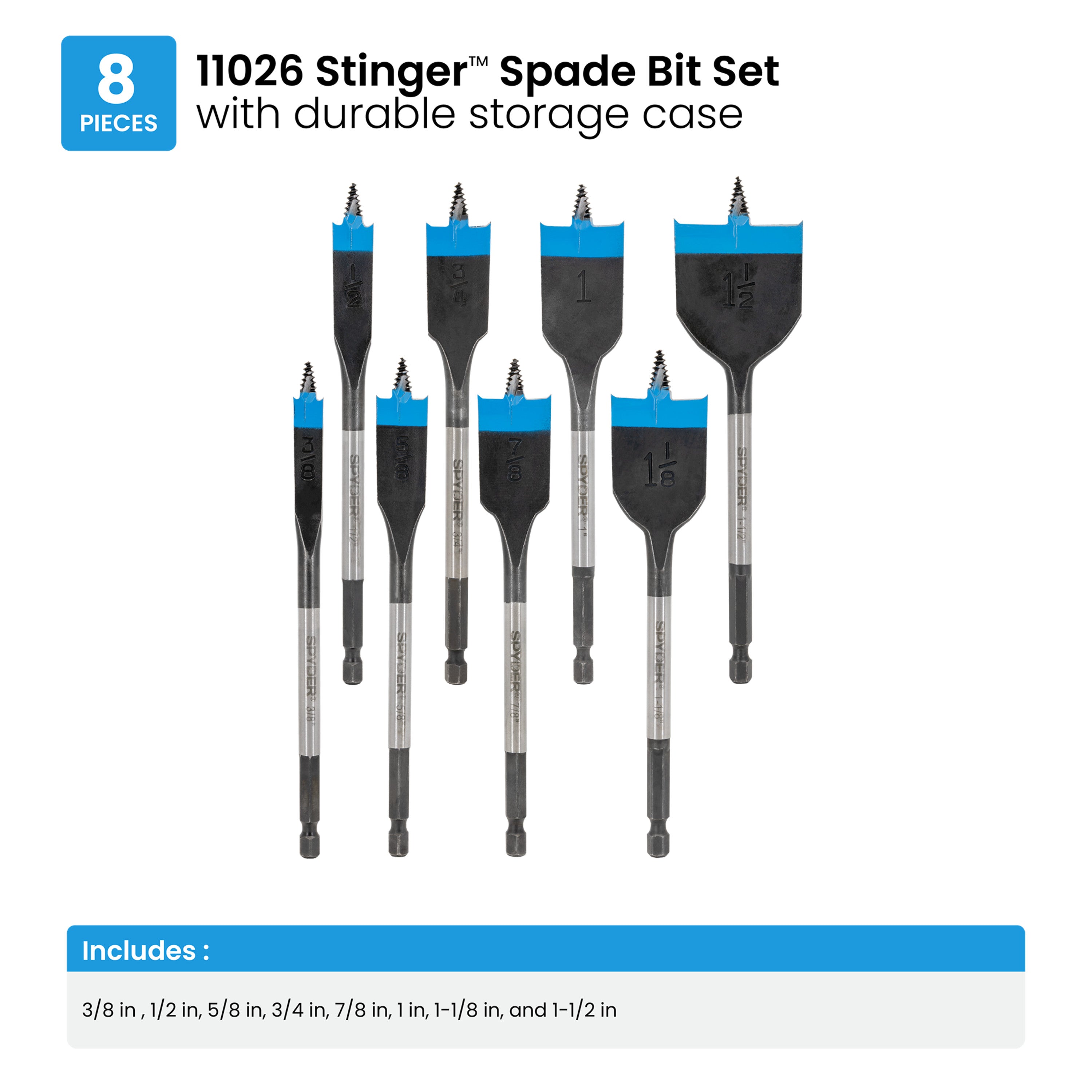 8-Piece Assorted Woodboring Spade Bit Set (3/8, 1/2, 5/8, 3/4, 7/8, 1, 1-1/8, 1-1/2") Stinger™