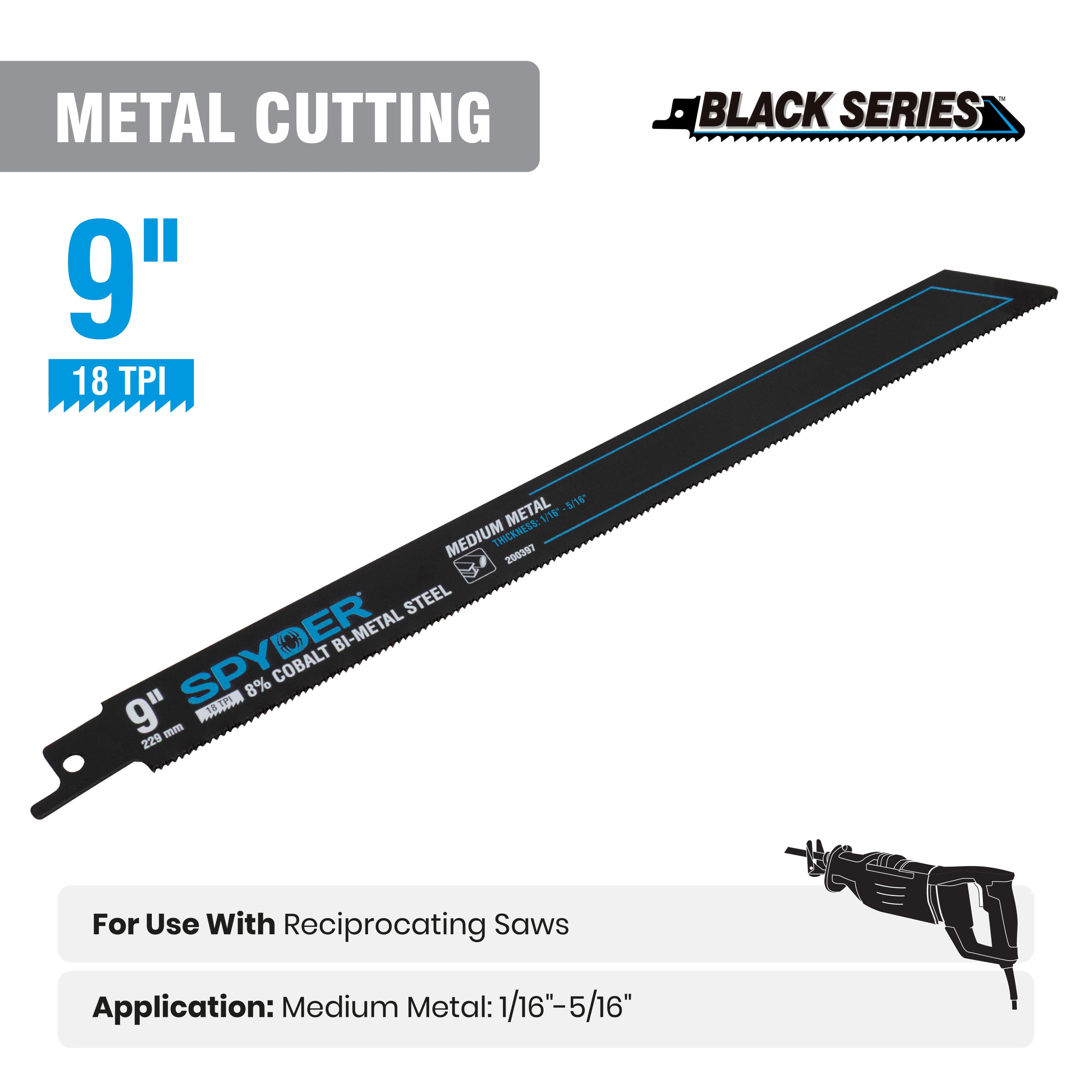 9" 18 TPI Metal Cutting Bi-Metal Reciprocating Saw Blade Black Series™