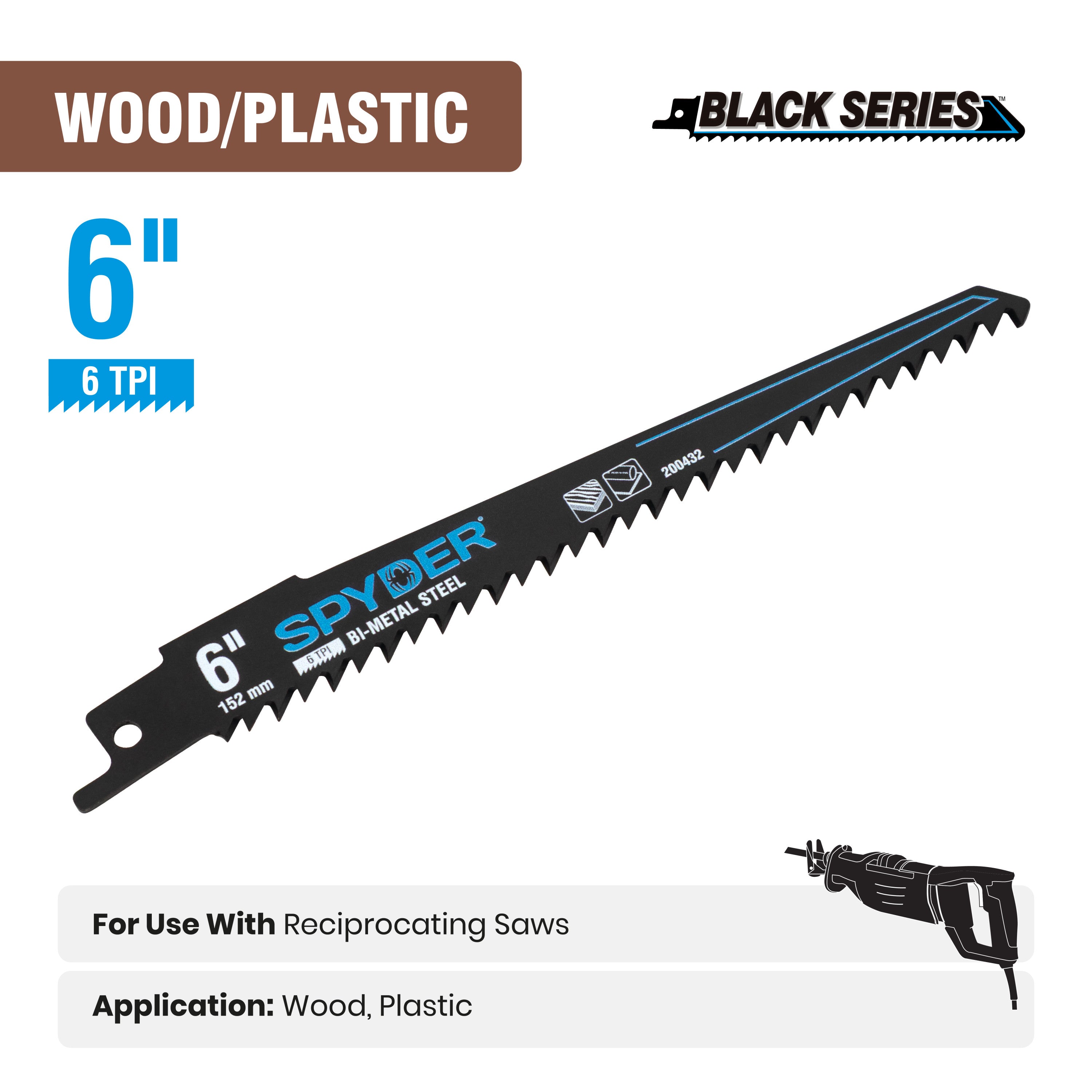 6" 6 TPI Bi-Metal Wood & Plastic Plunge Reciprocating Saw Blade Black Series™