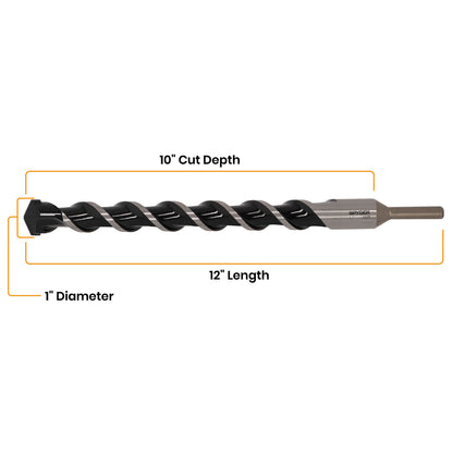 1" x 12" Three-Flat Grip Shank Rotary Hammer Drill Bit
