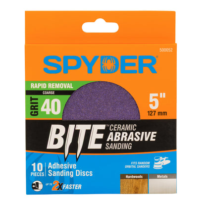 5" x No Hole 40 Grit Ceramic Pressure Sensitive Adhesive with Stearate Sanding Discs (10-Pack) Bite