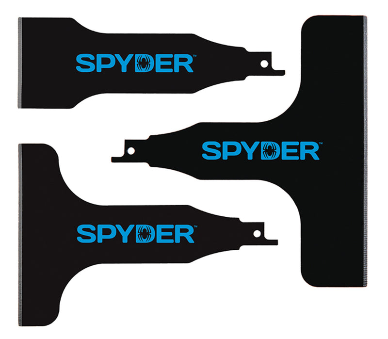 Three black scraper blades with the Spyder brand logo in blue, attached to a white background.