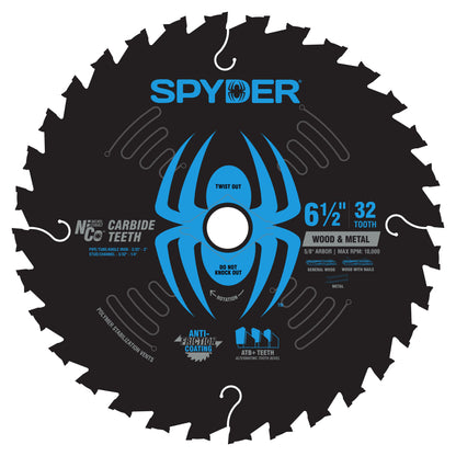 Spyder wood & metal circular saw blade with blue spider logo on a white background