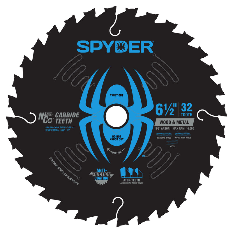 Spyder wood & metal circular saw blade with blue spider logo on a white background