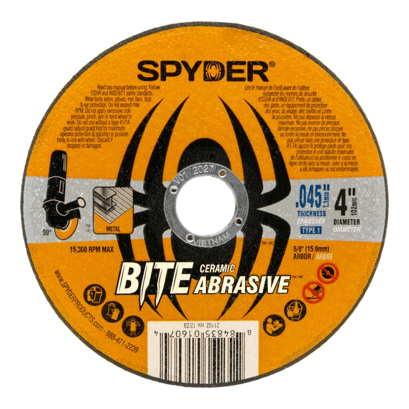 A Spyder bonded ceramic abrasive cut-off wheel with orange color featuring a spider graphic in the center.