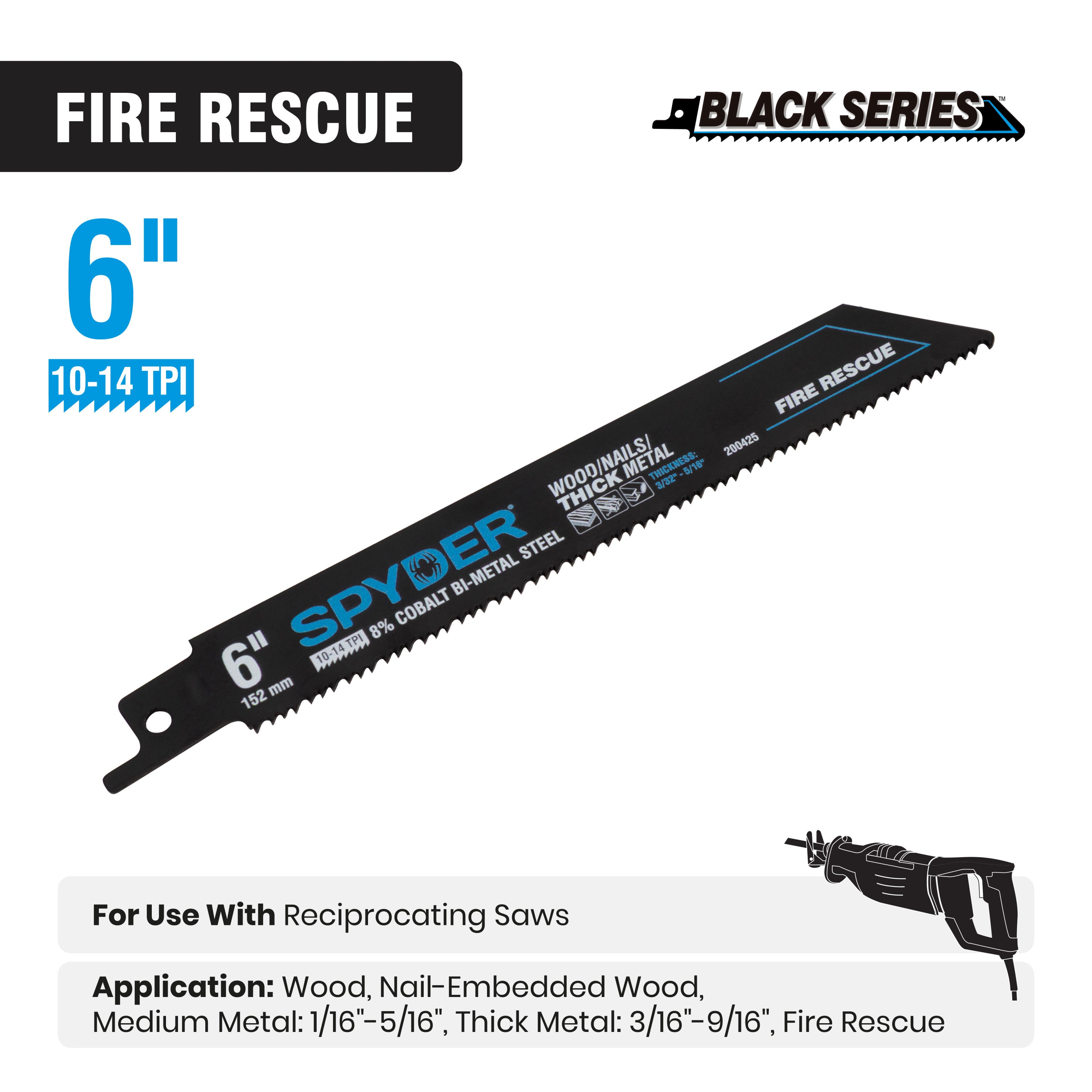 6" 10-14 TPI Bi-Metal Fire Rescue Reciprocating Saw Blade Black Series™