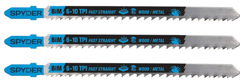 Three bi-metal coarse tooth jig saw blades with blue and black coloring and teeth visible, packaged together.