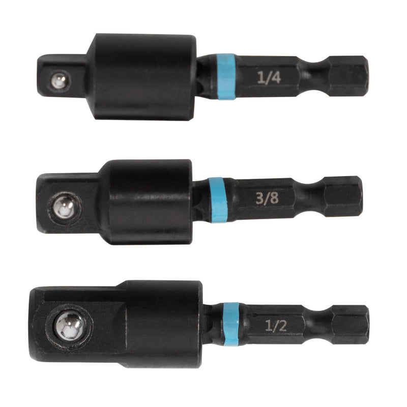 Three black Spyder socket adapters with different sizes on a white background