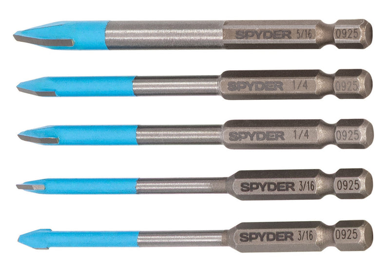Set of five Glass & Tile bits with blue tips on a white background