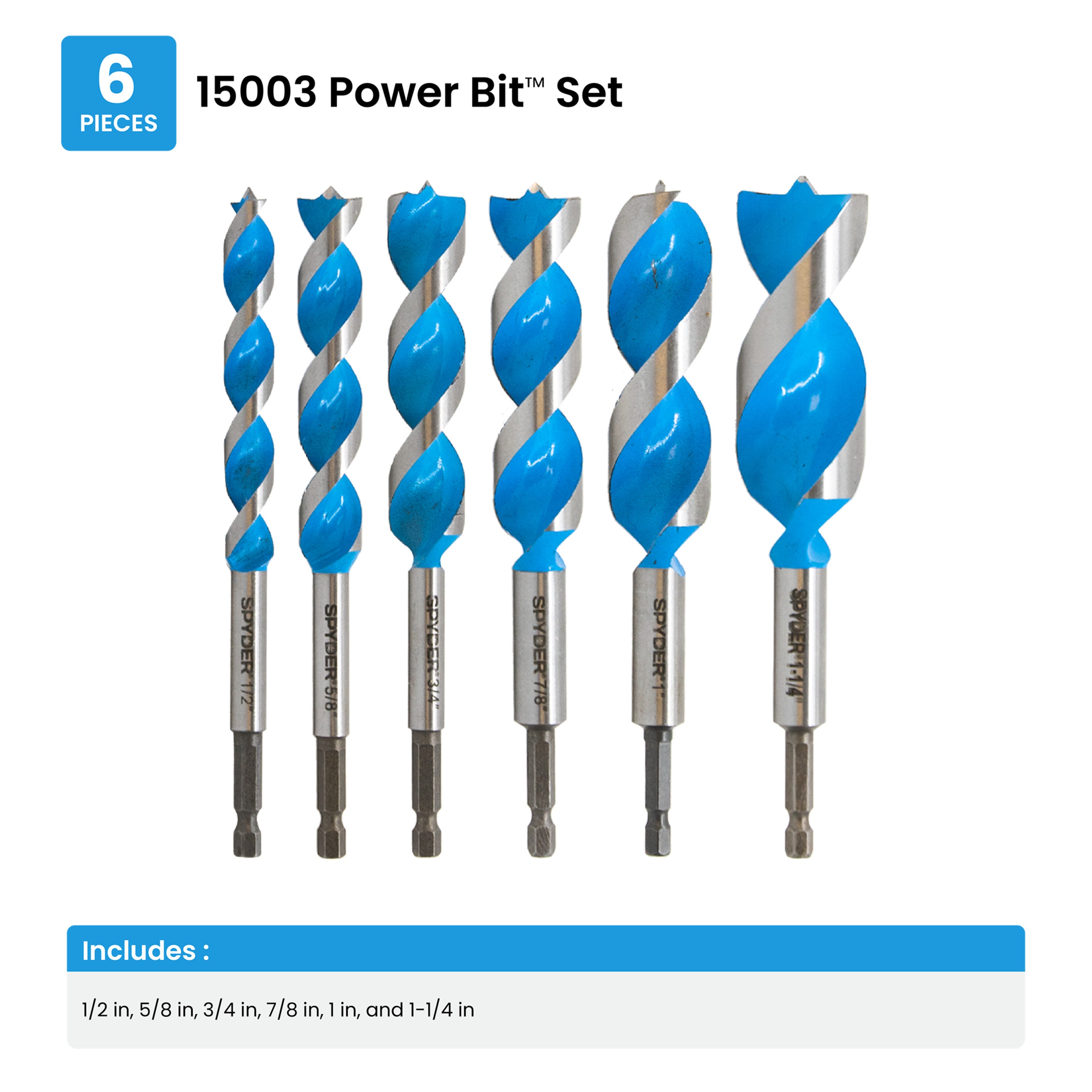 6-Piece Assorted Woodboring Power Bit Set (1/2, 5/8, 3/4, 7/8, 1, 1-1/4") Stinger™