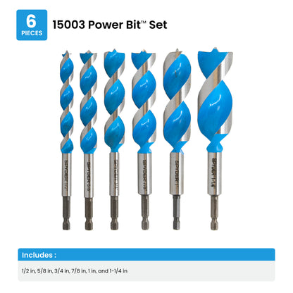 6-Piece Assorted Woodboring Power Bit Set (1/2, 5/8, 3/4, 7/8, 1, 1-1/4") Stinger™