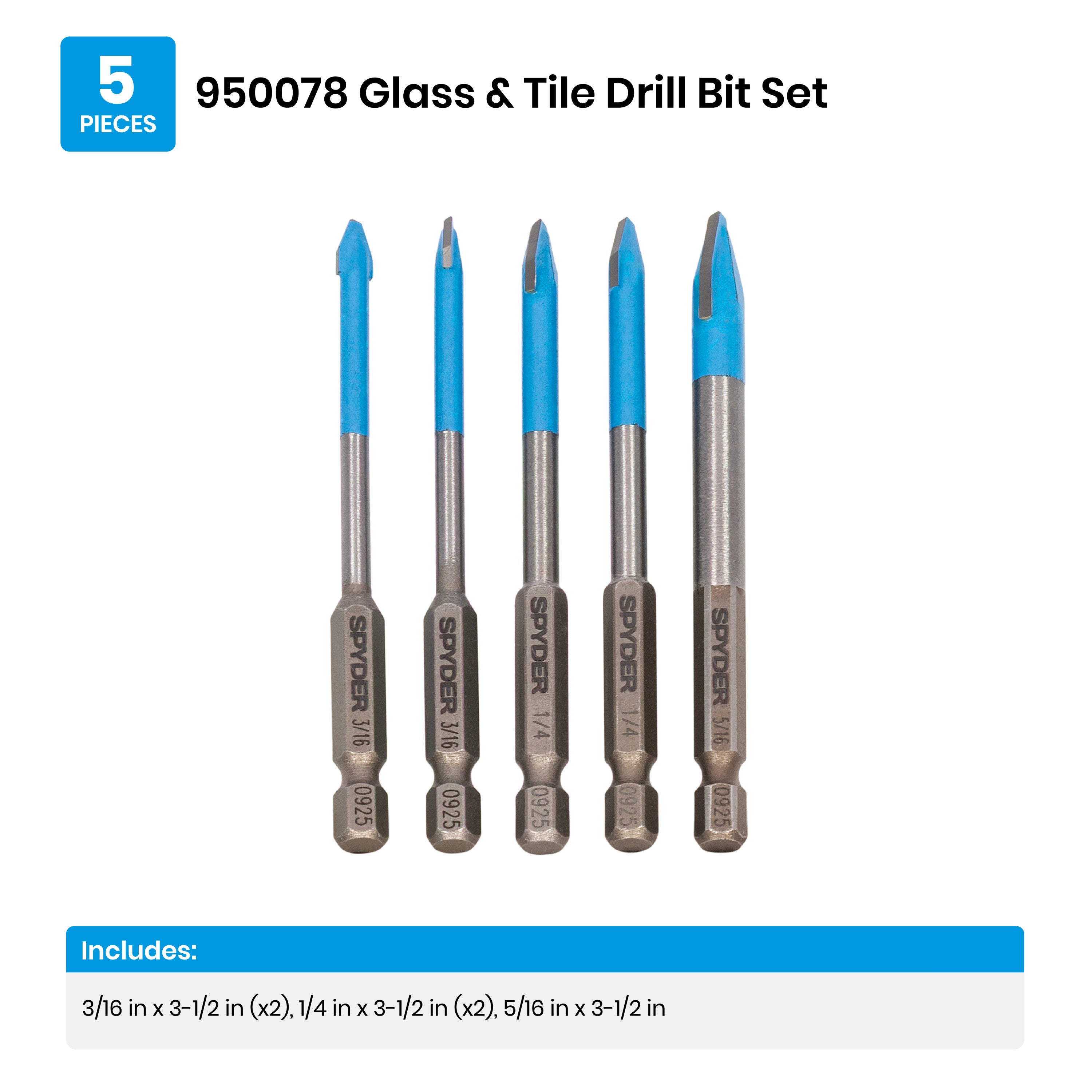 5-Piece Pack Quick-Release Hex Shank Carbide-Tipped Glass & Tile Drill Bit Set