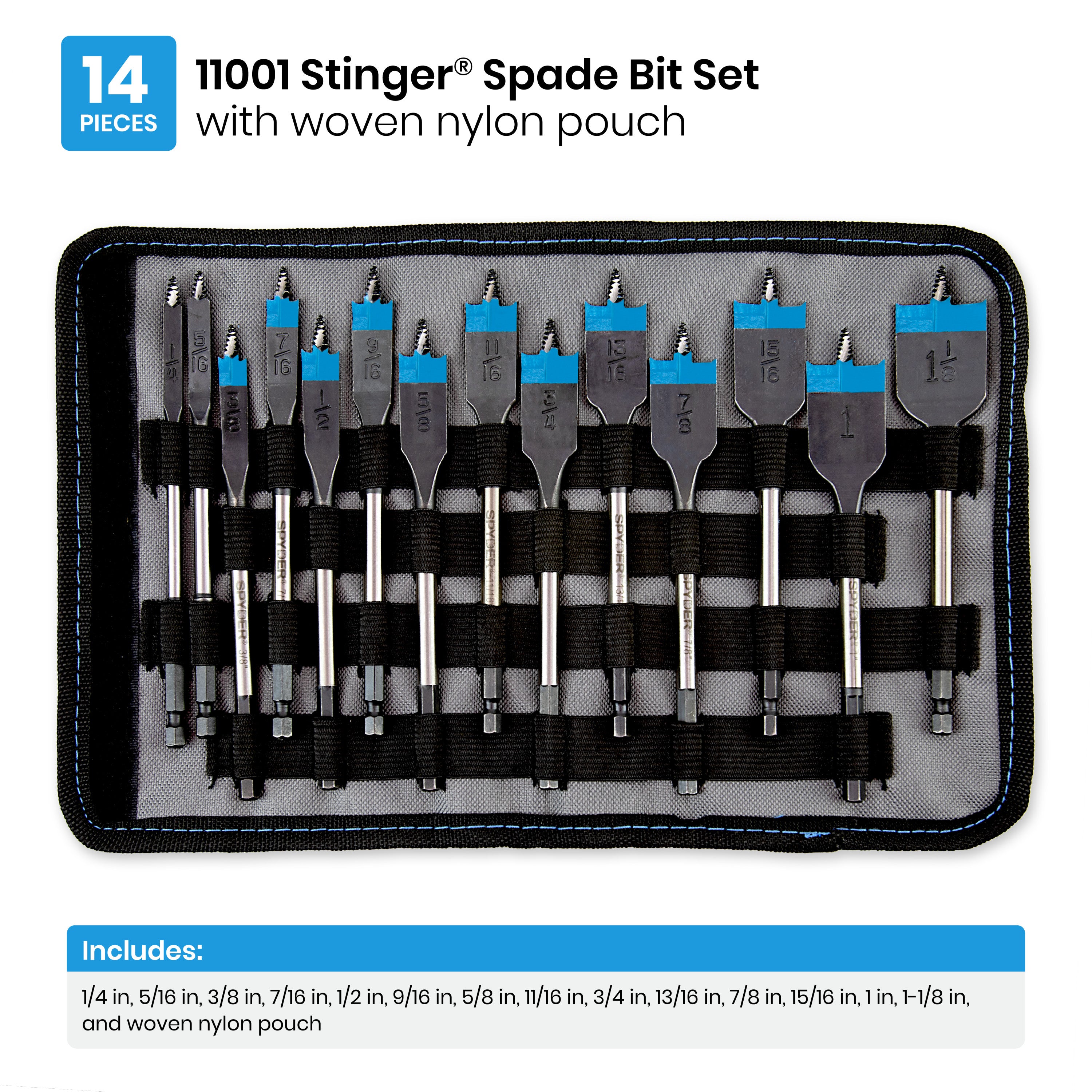 14-Piece Assorted Woodboring Spade Bit Set (1/4, 5/16, 3/8, 7/16, 1/2, 9/16, 5/8, 11/16, 3/4, 13/16, 7/8, 15/16, 1, 1-1/8") Stinger®