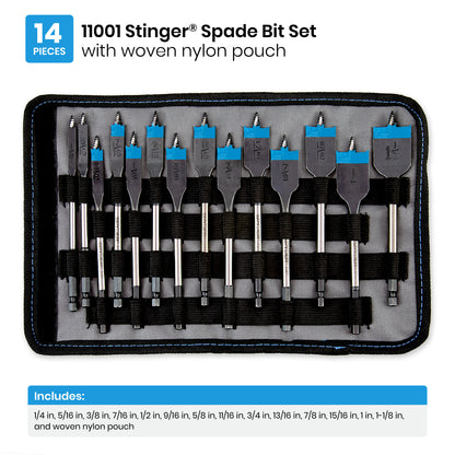 14-Piece Assorted Woodboring Spade Bit Set (1/4, 5/16, 3/8, 7/16, 1/2, 9/16, 5/8, 11/16, 3/4, 13/16, 7/8, 15/16, 1, 1-1/8") Stinger®