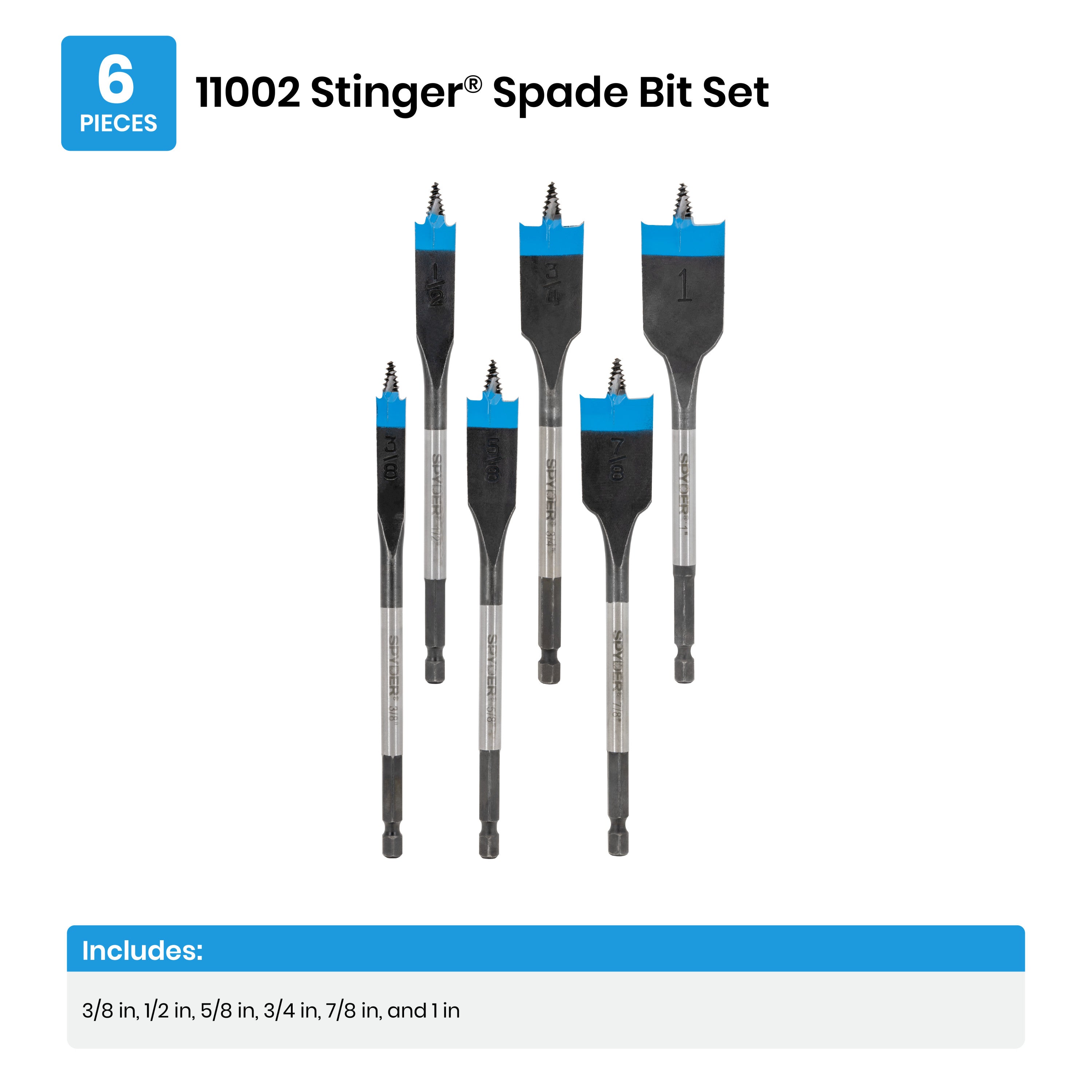 6-Piece Assorted Woodboring Spade Bit Set (3/8, 1/2, 5/8, 3/4, 7/8, 1") Stinger™