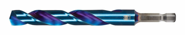 A single twist drill bit with Mach-Blue® armor plating, showing a split point and shank designed for use in power tools.