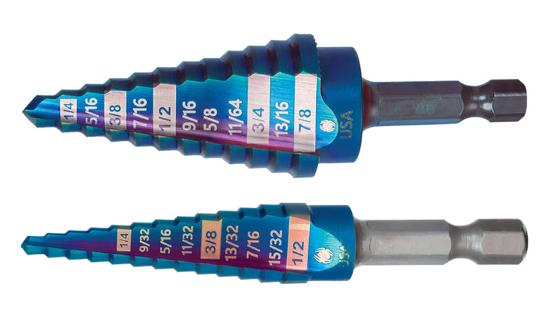 Two blue hex shank step drill bits with different sizes, marked with their respective inch measurements.