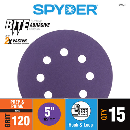 5" x 8-Hole 120 Grit Ceramic with Stearate Sanding Discs (15-Pack) Bite
