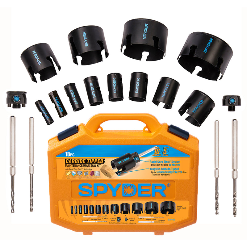 An 18-piece Spyder brand tungsten carbide tipped hole saw kit, displayed with various sizes of black saws in a yellow carrying case with brand and product information.