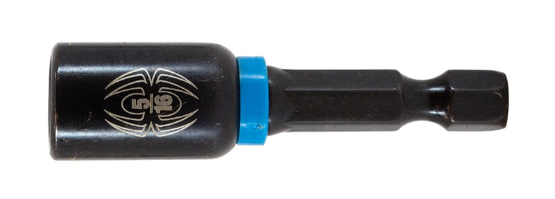 A black magnetic impact nut driver with a blue ring near the base and a spider logo on the side.