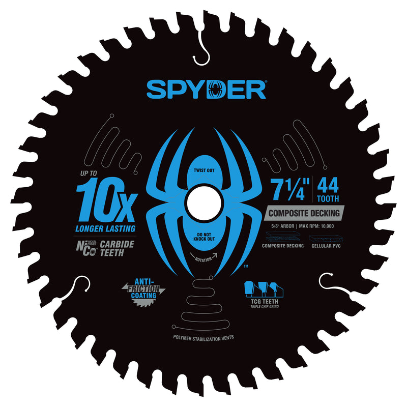 Spyder composite decking circular saw blade with blue spider logo on a white background
