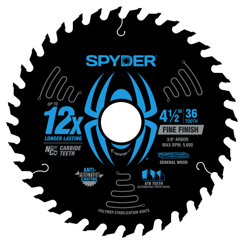 Spyder fine finish circular saw blade with detailed specifications on a white background