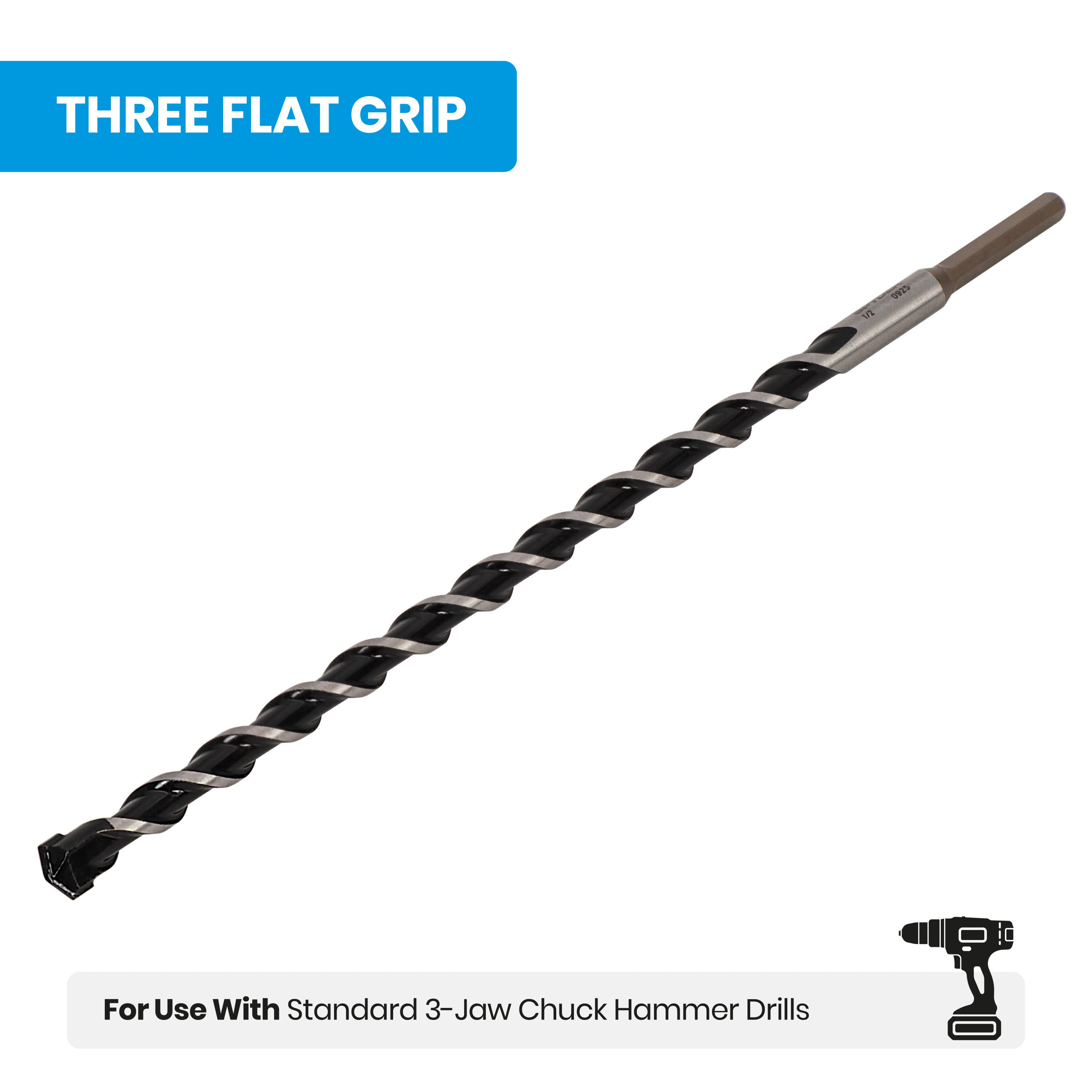 1/2" x 12" Three-Flat Grip Shank Rotary Hammer Drill Bit